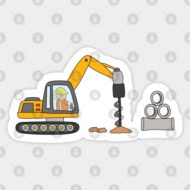 Kids drawing construction site with drill excavator with pile of huge pipes Sticker by wordspotrayal